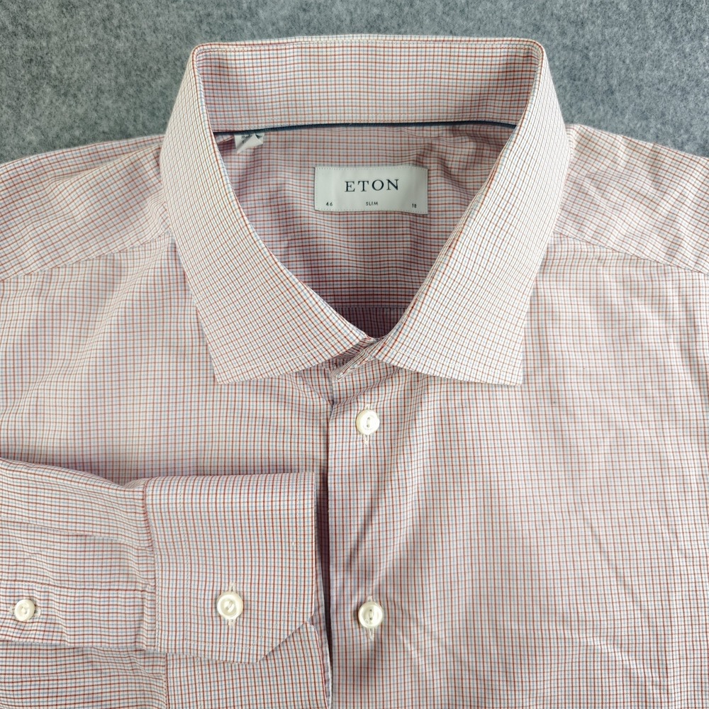 Eton Dress Shirt Mens 18 46 Red Blue Check‎ Spread Collar Cotton